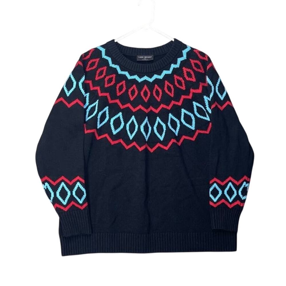 Lane Bryant Jacquard‎ Crew Sweater black red blue fair isle sz 18/20 Grandmacore